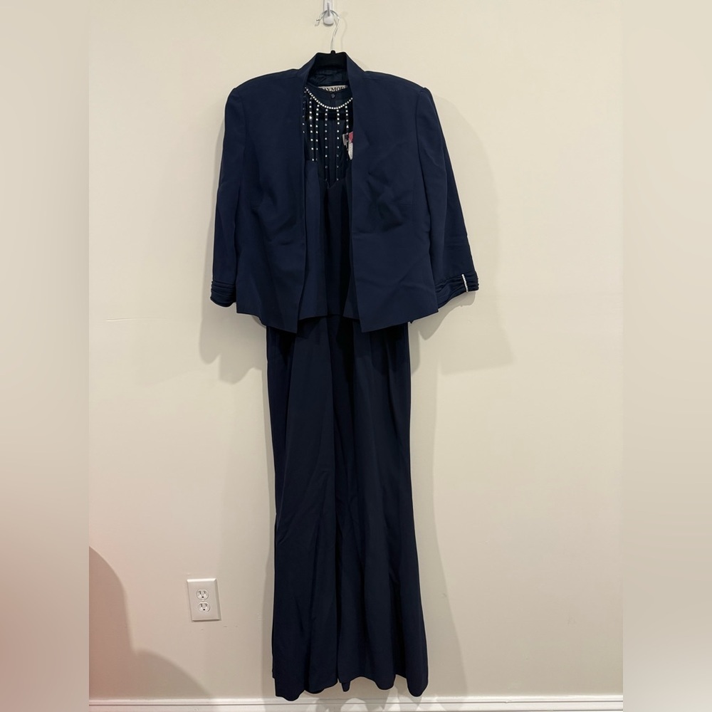 Daymor Couture Long Formal Navy Dress with diamond halter neck & blazer/size 14